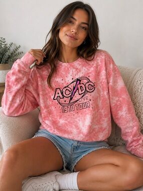 AC/DC Pink Tie-Dye Crew Sweatshirt with Graphic Logo